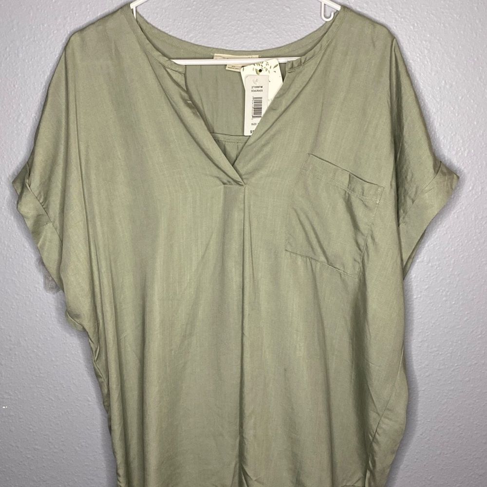 Ecothreads Seagrass Green Pleated Slouch Short Sleeve VNeck Top Blouse Size XL